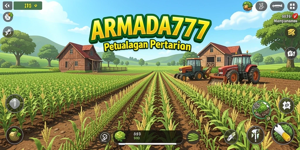 Tampilan gameplay ARMADA777 menampilkan lahan pertanian yang luas dan hewan ternak yang beragam.