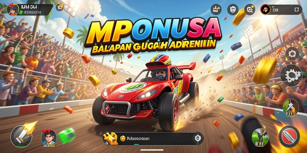 Tampilan aksi balapan seru di MPONUSA dengan mobil yang melaju kencang.