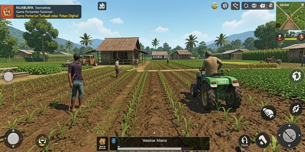 Screenshot menampilkan petani yang bekerja di ladang hijau.