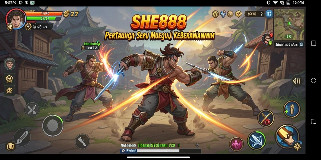 Tampilan pertarungan utama SHE888 dengan aksi seru dan karakter menarik.